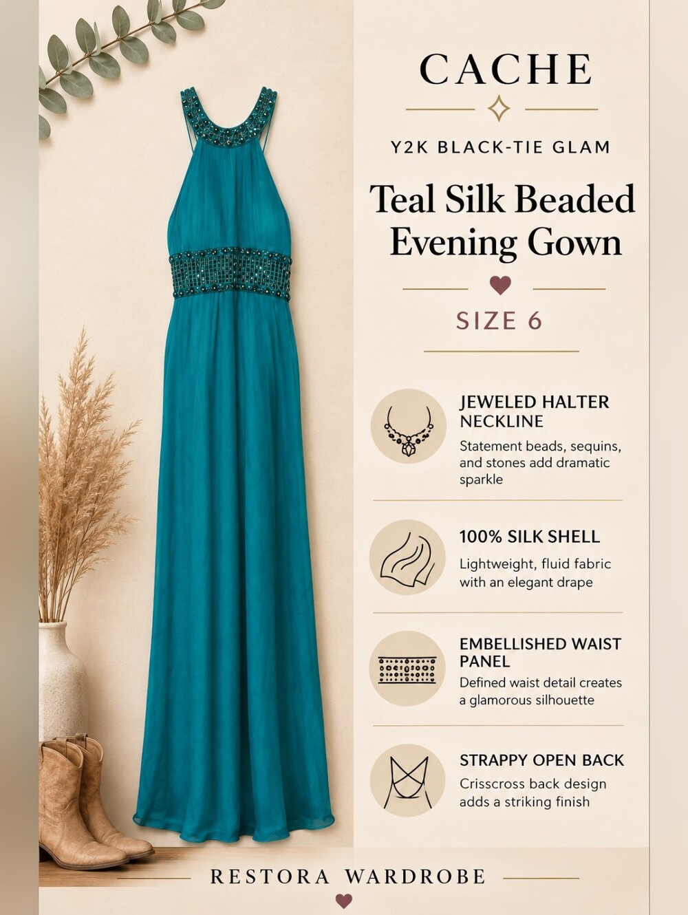 Y2K Glam Teal Silk Beaded Open Back Black Tie Gown Size 6